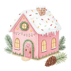 Watercolor illustration of a pastel pink gingerbread house  White Background