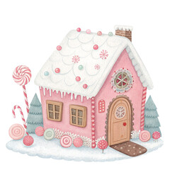Watercolor illustration of a pastel pink gingerbread house  White Background