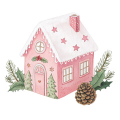 Watercolor illustration of a pastel pink gingerbread house  White Background
