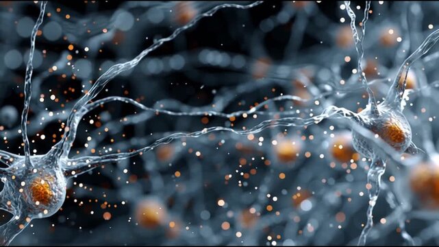 BDNF. Brain-Derived Neurotrophic Factor. Neuroplasticity. Brain health. Cognitive function. Detailed illustration of a neuron with glowing particles.
