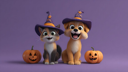 Cute kitten and puppy wearing witch hats, smiling with Halloween pumpkins in a playful scene