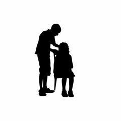 Silhouette of a boy helping his worried little sister with homework isolated on white background