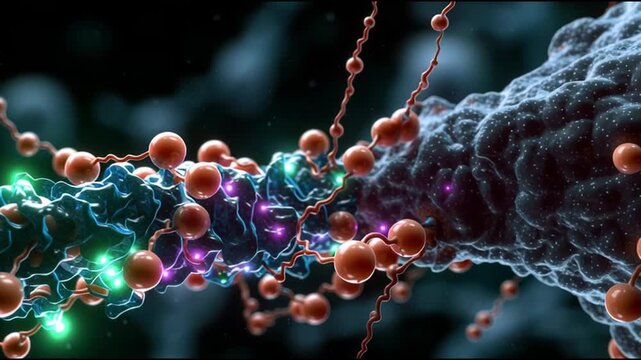 BDNF. Brain-Derived Neurotrophic Factor. Neuroplasticity. Brain health. Cognitive function. Colorful molecular structure with atoms and bonds in a dark background.