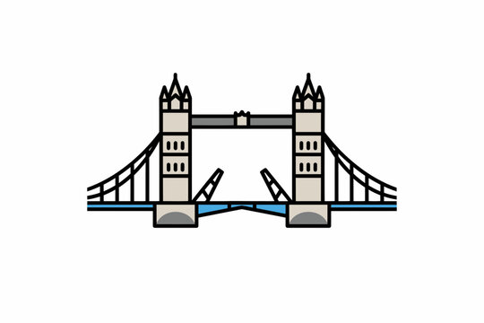 Illustration of the Tower Bridge in London, featuring its raised bascules against a white background.