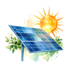 Watercolor illustration of a solar panel generating renewable energy from the sun.