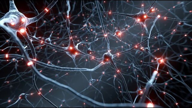 BDNF. Brain-Derived Neurotrophic Factor. Neuroplasticity. Brain health. Cognitive function. Close-up of neuron connections with glowing synapses.