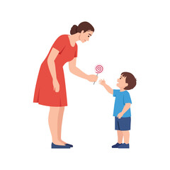 Smiling woman handing a lollipop to a happy young boy, showing care and kindness. Flat vector illustration isolated on white background