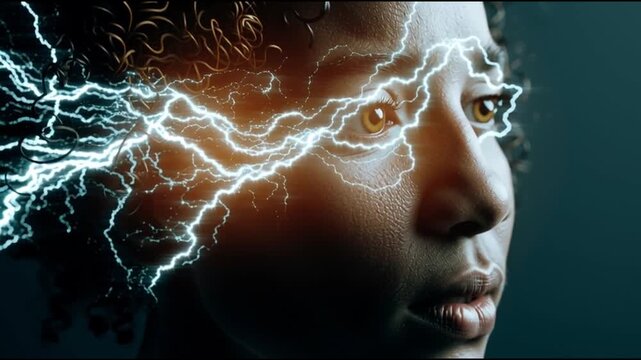 BDNF. Brain-Derived Neurotrophic Factor. Neuroplasticity. Brain health. Cognitive function. A person with lightning effects representing thoughts and creativity.