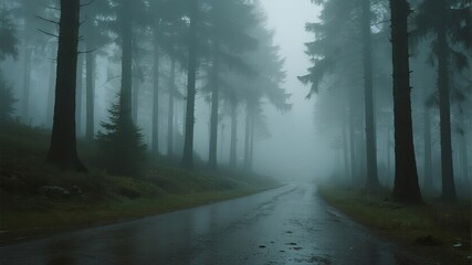 Naklejka premium Mist-Shrouded Forest with Various Paths Illuminated by Atmospheric Lighting, Mystical and Serene Landscape