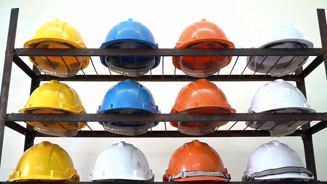 Rows of Colorful Construction Helmets on a Dark Metal Rack Against a Plain Background