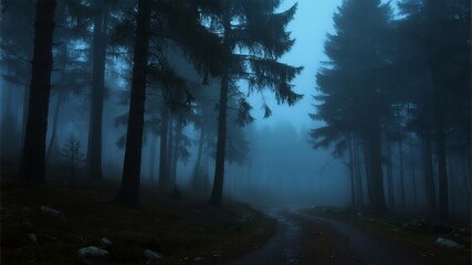 Fototapeta premium Mist-Shrouded Forest with Various Paths Illuminated by Atmospheric Lighting, Mystical and Serene Landscape