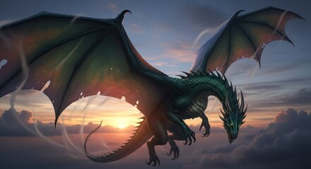 Emerald Dragon Soaring Through Sunset Clouds, Wings Ablaze with Golden Light