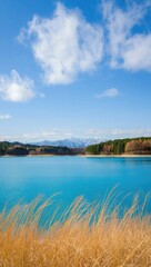 Fototapeta premium Bright Blue Lake with Snow- Capped Mountains and Golden Grass