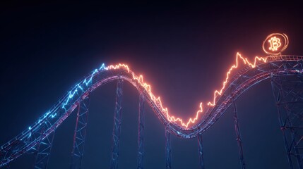 Cryptocurrency Rollercoaster Ride: A dynamic visual depicts the volatile journey of digital currency on a roller coaster, symbolizing the fluctuating trends of the crypto market.