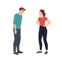 Fototapeta premium Angry woman scolding a sad man, showing conflict and relationship tension. Flat vector illustration isolated on white background