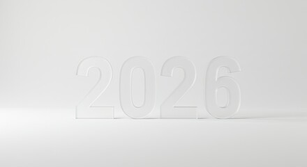 Minimalist 3D Render of Year 2026 in Clear Acrylic on White