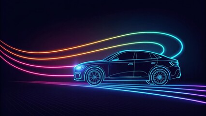 Naklejka premium Neon Outline Car with Dynamic Light Trails on Dark Background