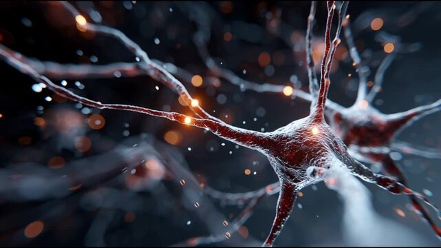BDNF. Brain-Derived Neurotrophic Factor. Neuroplasticity. Brain health. Cognitive function. A close-up view of a neuron with glowing connections.