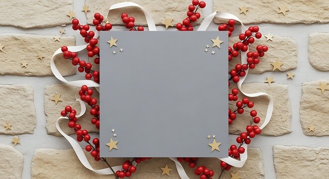 Festive Gray Card with Red Berries and White Ribbon on Brick Wall. - Powered by Adobe