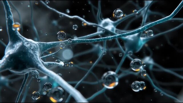 BDNF. Brain-Derived Neurotrophic Factor. Neuroplasticity. Brain health. Cognitive function. Close-up view of neurons with bubbles in a scientific visualization.
