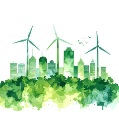 Sustainable city concept with wind turbines and buildings.