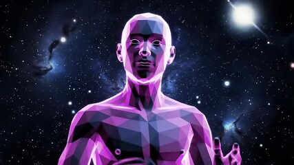 Abstract low poly human figure in front of a cosmic background. - Powered by Adobe