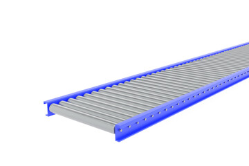 close up of a digital camera. 3d render of blue roller conveyor with metallic rollers on white background, modern industrial transport system for logistics, factory, cargo, automation, and warehouse 