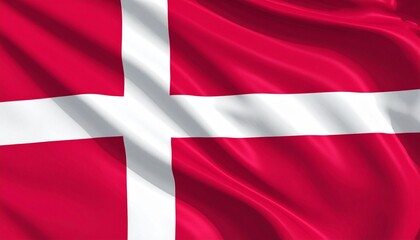 Fototapeta premium Danish national flag waving on a pole under a bright sunny sky with scattered clouds.