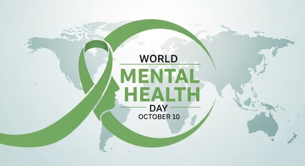World mental health day poster with green ribbon and world map background for october tenth event