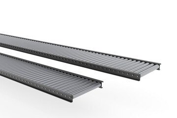 black hole puncher. 3d render of two gray roller conveyors with metallic rollers on white background, modern industrial system for logistics, transport, cargo, warehouse, automation.