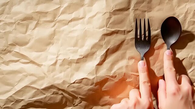 Abstract cutlery presentation, elegant black fork and spoon on creased kraft paper