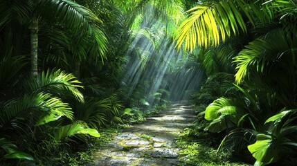 Sunlit Rainforest Path Lush Green Tropical Foliage and Wet Ground