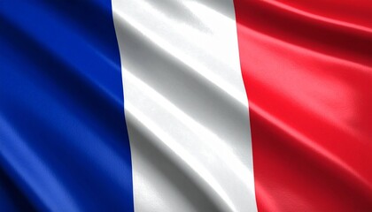 French national flag with blue, white, and red vertical stripes on flowing fabric texture.