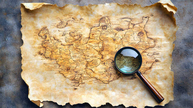 Old map with magnifying glass on textured surface suggesting exploration or discovery.