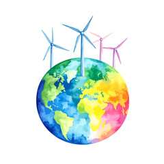 Naklejka premium Colorful watercolor Earth with wind turbines.