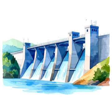 Large concrete dam with multiple spillways releasing water.