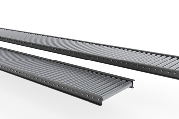 black hole punch. 3d render of dual gray roller conveyors with metallic rollers on white background, modern industrial system for logistics, warehouse, transport, factory, cargo.