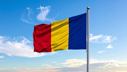 Romanian national flag waving on a pole against a bright sky with scattered clouds.