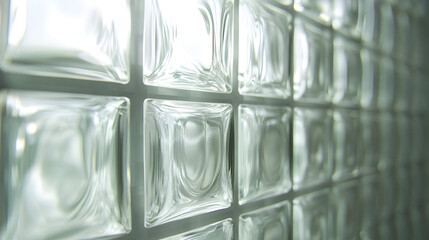 Close-up of a textured glass block wall showing light refraction and abstract patterns.