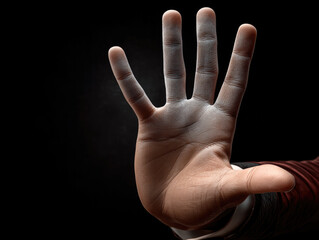 Open hand human hand palm five fingers close up dark background gesture skin texture dramatic lighting isolated