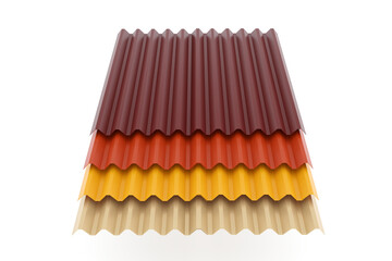 colored pencils isolated on white. 3d render of stacked corrugated roof panels in multiple warm colors, isolated on white background, building and construction materials for modern housing .