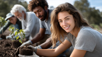 Fototapeta premium Group of people gardening outdoors, planting young tree saplings in soil, teamwork and environmental care, smiling and happy