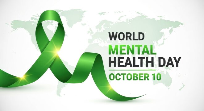 Green ribbon and world mental health day october tenth on white background with world map design