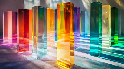Fototapeta premium Colorful rectangular glass blocks stand in a row casting shadows on a surface.