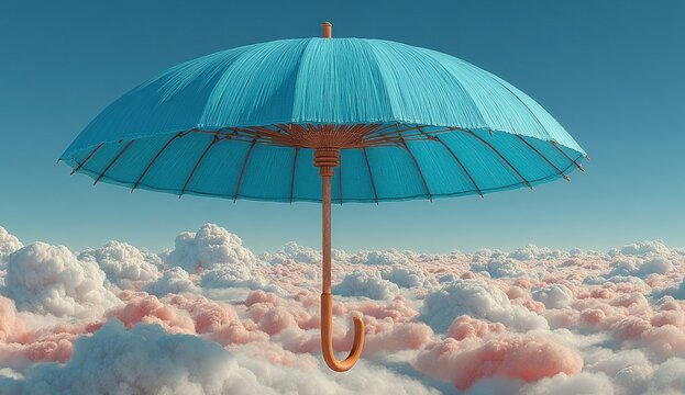 A Bright Blue Umbrella Floating Serene Above a Sea of Soft Pink and White Clouds on a Clear Day