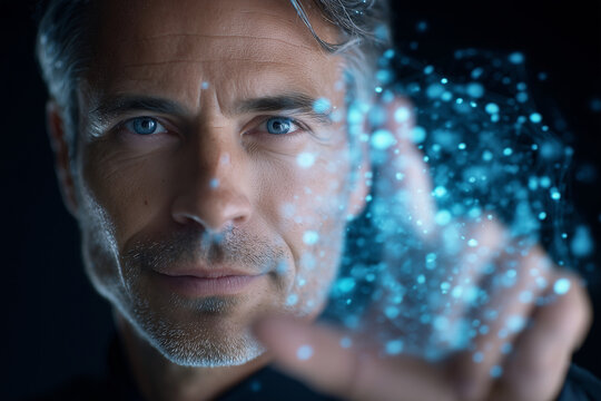 A man with blue eyes is looking at a computer screen with a blue screen. He is pointing at something on the screen - Powered by Adobe