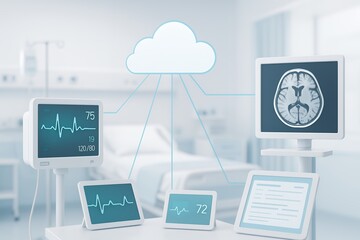 Medical Cloud Computing and Digital Health Data Connectivity in Modern Hospital with Patient Monitors, MRI Scan Display, and Tablets