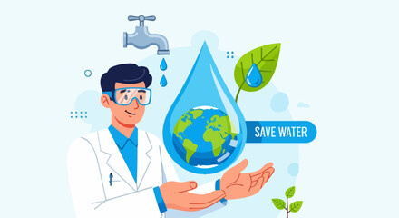 Scientist promoting water conservation with a globe inside a water drop