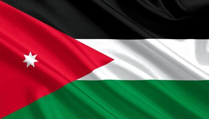 Jordan national flag waving in the wind, showcasing its red, white, black, and green colors with a seven-pointed star on red triangle.
