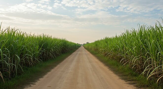 Rural vista a dirt road amidst tall sugarcane fields under a vast sky, evoking a sense of